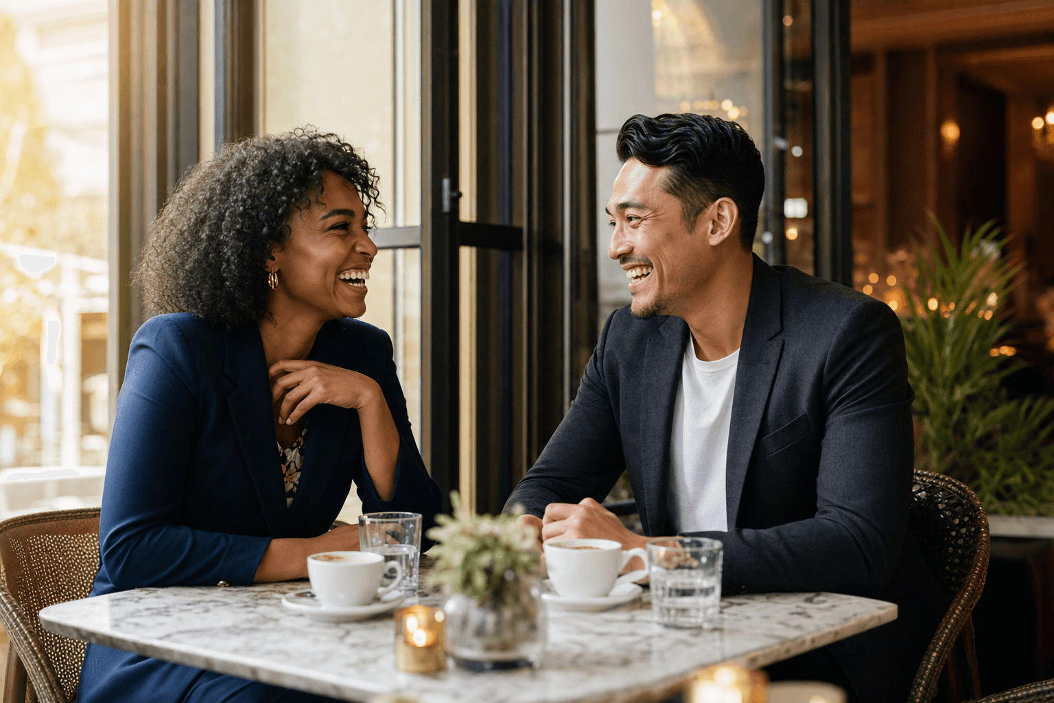 Two people sharing a warm, genuine moment over coffee