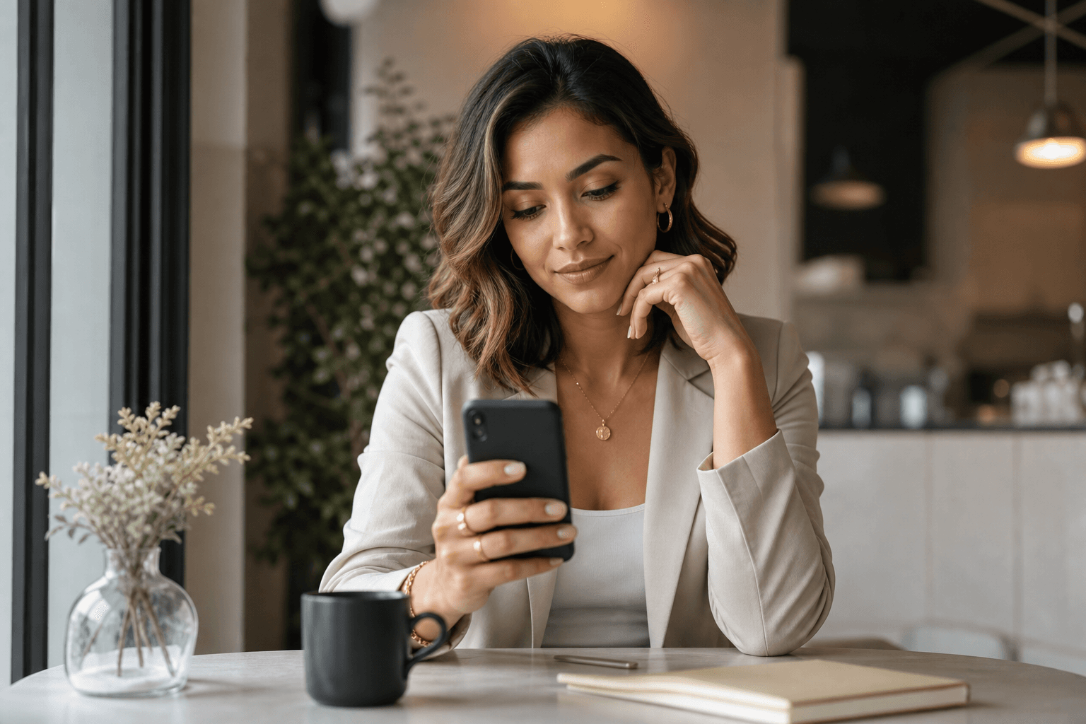 Person thoughtfully exploring compatibility on their phone at a cafe